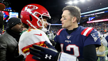 FOXBOROUGH, MASSACHUSETTS - DECEMBER 08: Tom Brady #12 of the New England Patriots talks with Patrick Mahomes #15 of the Kansas City Chiefs after the Chief defeat the Patriots 23-16 at Gillette Stadium on December 08, 2019 in Foxborough, Massachusetts. (Photo by Maddie Meyer/Getty Images)