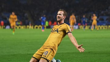 LEICESTER, ENGLAND - MAY 18: Harry Kane of Tottenham Hotspur celebrates as he scores their fifth goal and completes his hat trick during the Premier League match between Leicester City and Tottenham Hotspur at The King Power Stadium on May 18, 2017 in Leicester, England. (Photo by Laurence Griffiths/Getty Images)