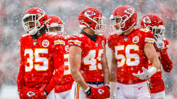 KANSAS CITY, MO - DECEMBER 15: Ben Niemann #56 of the Kansas City Chiefs speaks with teammate Daniel Sorensen #49 of the Kansas City Chiefs during the fourth quarter against the Denver Broncos at Arrowhead Stadium on December 15, 2019 in Kansas City, Missouri. (Photo by David Eulitt/Getty Images)