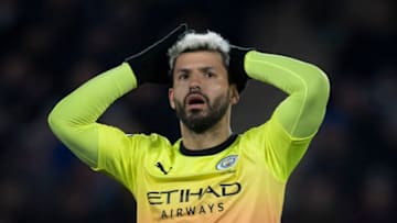 LEICESTER, ENGLAND - FEBRUARY 22: Sergio Aguero of Manchester City despairs at a missed opportunity to score during the Premier League match between Leicester City and Manchester City at The King Power Stadium on February 22, 2020 in Leicester, United Kingdom. (Photo by Visionhaus)