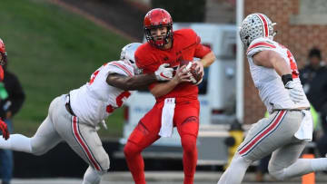 Nov 12, 2016; College Park, MD, USA; Ohio State Buckeyes defensive tackle Malik Barrow (55) sacks Maryland Terrapins quarterback Caleb Rowe (7) during the second quarter at Capital One Field at Maryland Stadium. Mandatory Credit: Tommy Gilligan-USA TODAY Sports