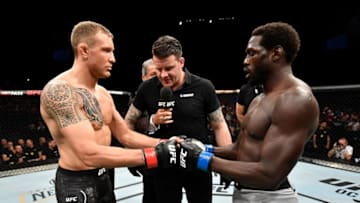 COPENHAGEN, DENMARK - SEPTEMBER 28: (L-R) Jack Hermansson of Sweden and Jared Cannonier touch gloves prior to their middleweight bout during the UFC Fight Night event at Royal Arena on September 28, 2019 in Copenhagen, Denmark. (Photo by Jeff Bottari/Zuffa LLC/Zuffa LLC via Getty Images)