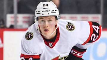 CALGARY, AB - JANUARY 13: Jacob Bernard-Docker #24 of the Ottawa Senators in action against the Calgary Flames during an NHL game at Scotiabank Saddledome on January 13, 2022 in Calgary, Alberta, Canada. (Photo by Derek Leung/Getty Images)
