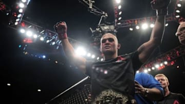 Jul 11, 2015; Las Vegas, NV, USA; Robbie Lawler celebrates after defeating Rory MacDonald (not pictured) in their welterweight title bout during UFC 189 at MGM Grand Garden Arena. Lawler won via fifth round TKO. Mandatory Credit: Joe Camporeale-USA TODAY Sports