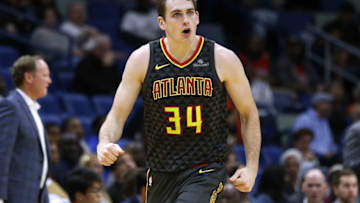 NEW ORLEANS, LA - NOVEMBER 13: Tyler Cavanaugh #34 of the Atlanta Hawks reacts after scoing during the second half of a game against the New Orleans Pelicans at the Smoothie King Center on November 13, 2017 in New Orleans, Louisiana. (Photo by Jonathan Bachman/Getty Images)