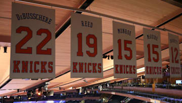 NEW YORK, NY - APRIL 6: Banners in honor of Dave DeBrusschere #22, Willis Reed #19, Earl Monroe #15, Dick McGuire #15, and Dick Barnett #12 of the New York Knicks - Retired Hall of Fame New York Knicks players photographed before the game against the Miami Heat on April 6, 2018 at Madison Square Garden in New York City, New York. NOTE TO USER: User expressly acknowledges and agrees that, by downloading and or using this photograph, User is consenting to the terms and conditions of the Getty Images License Agreement. Mandatory Copyright Notice: Copyright 2018 NBAE (Photo by Nathaniel S. Butler/NBAE via Getty Images)