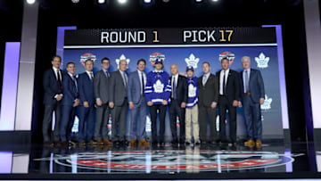 CHICAGO, IL - JUNE 23: Timothy Liljegren poses for photos after being selected 17th overall by the Toronto Maple Leafs during the 2017 NHL Draft at the United Center on June 23, 2017 in Chicago, Illinois. (Photo by Bruce Bennett/Getty Images)