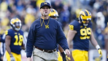 Apr 1, 2016; Ann Arbor, MI, USA; Michigan Wolverines head coach Jim Harbaugh looks on during the spring game at Michigan Stadium. Mandatory Credit: Rick Osentoski-USA TODAY Sports