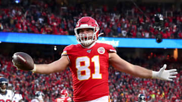 KANSAS CITY, MISSOURI - JANUARY 12: Blake Bell #81 of the Kansas City Chiefs celebrates his eight yard touchdown reception against the Houston Texans during the fourth quarter in the AFC Divisional playoff game at Arrowhead Stadium on January 12, 2020 in Kansas City, Missouri. (Photo by Tom Pennington/Getty Images)