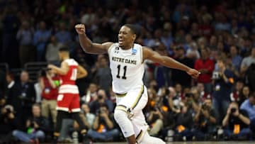 Mar 25, 2016; Philadelphia, PA, USA; Notre Dame Fighting Irish guard Demetrius Jackson (11) reacts after defeating the Wisconsin Badgers during the second half in a semifinal game in the East regional of the NCAA Tournament at Wells Fargo Center. Notre Dame won 61-56. Mandatory Credit: Bill Streicher-USA TODAY Sports