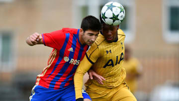 MOSCOW, RUSSIA - SEPTEMBER 27: Reo Griffiths of Tottenham Hotspur FC heads the ball under pressure from Mutalip Alibekov of PFC CSKA Moskva during the UEFA Champions League Youth match between PFC CSKA Moskva and Tottenham Hotspur FC at Oktyabr Stadium on September 27, 2016 in Moscow, Russia. (Photo by Dan Mullan/Getty Images)