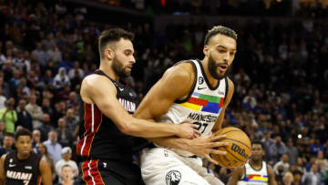 Max Strus #31 of the Miami Heat fouls Rudy Gobert #27 of the Minnesota Timberwolves(Photo by David Berding/Getty Images)