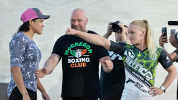 LAS VEGAS, NV - AUGUST 24: (L-R) Opponents Amanda Nunes of Brazil and Valentina Shevchenko of Kyrgyzstan face off during the UFC 215
