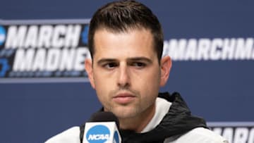 Mar 16, 2022; Indianapolis, IN, USA; San Francisco Dons head coach Todd Golden speaks to the media at Gainbridge Fieldhouse. Mandatory Credit: Trevor Ruszkowski-USA TODAY Sports