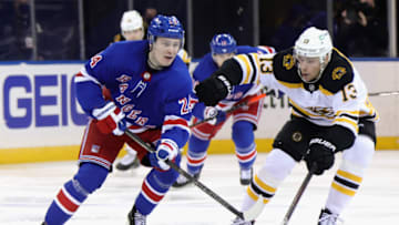 NEW YORK, NEW YORK - FEBRUARY 10: Kaapo Kakko #24 of the New York Rangers skates against the Boston Bruins at Madison Square Garden on February 10, 2021 in New York City. The Bruins defeated the Rangers 3-2 in overtime. (Photo by Bruce Bennett/Getty Images)