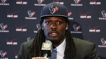 May 9, 2014; Houston, TX, USA; Houston Texans first-round draft pick Jadeveon Clowney speaks during a press conference at Reliant Stadium. Mandatory Credit: Troy Taormina-USA TODAY Sports