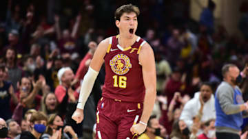 CLEVELAND, OHIO - NOVEMBER 13: Cedi Osman #16 of the Cleveland Cavaliers celebrates after scoring during the fourth quarter against the Boston Celtics at Rocket Mortgage Fieldhouse on November 13, 2021 in Cleveland, Ohio. The Cavaliers defeated the Celtics 91-89. NOTE TO USER: User expressly acknowledges and agrees that, by downloading and/or using this photograph, user is consenting to the terms and conditions of the Getty Images License Agreement. (Photo by Jason Miller/Getty Images)