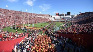Nov 28, 2015; Los Angeles, CA, USA; General view of the Los Angeles Memorial Coliseum as Southern California Trojans players enter the field before an NCAA football game against the UCLA Bruins. Mandatory Credit: Kirby Lee-USA TODAY Sports