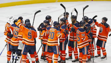 The Edmonton Oilers celebrate a 4-3 win over the Calgary Flames at Rogers Place. Mandatory Credit: Perry Nelson-USA TODAY Sports