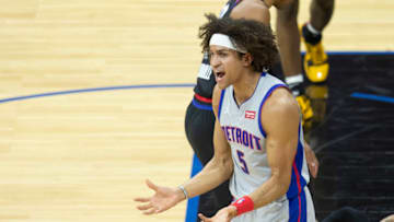 Frank Jackson #5 of the Detroit Pistons reacts against the Philadelphia 76ers in the second quarter at the Wells Fargo Center on May 8, 2021 in Philadelphia, Pennsylvania. NOTE TO USER: User expressly acknowledges and agrees that, by downloading and or using this photograph, User is consenting to the terms and conditions of the Getty Images License Agreement. (Photo by Mitchell Leff/Getty Images)