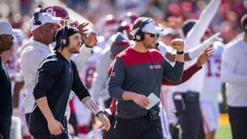 Nov 13, 2021; Waco, Texas, USA; Oklahoma Sooners head coach Lincoln Riley celebrates a defensive stop against the Baylor Bears during the first half at McLane Stadium. Mandatory Credit: Jerome Miron-USA TODAY Sports