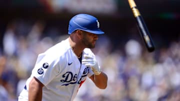 Aug 8, 2021; Los Angeles, California, USA; Los Angeles Dodgers first baseman Albert Pujols (55) hits a two run home run against the Los Angeles Angels during the second inning at Dodger Stadium. Mandatory Credit: Gary A. Vasquez-USA TODAY Sports