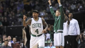 Mar 23, 2016; Boston, MA, USA; Boston Celtics guard Isaiah Thomas (4) reacts after a basket during the first half against the Toronto Raptors at TD Garden. Mandatory Credit: Bob DeChiara-USA TODAY Sports