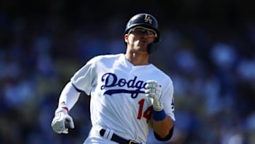 LOS ANGELES, CALIFORNIA - MARCH 31: Kike Hernandez #14 of the Los Angeles Dodgers runs to first base after batting against the Arizona Diamondbacks during the seventh inning at Dodger Stadium on March 31, 2019 in Los Angeles, California. (Photo by Yong Teck Lim/Getty Images)