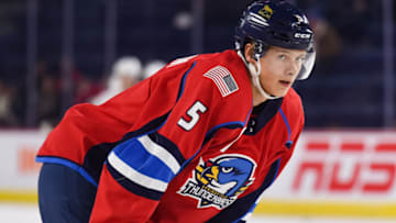 LAVAL, QC - OCTOBER 20: Look on Springfield Thunderbirds forward Henrik Borgstrom (5) at warm-up before the Springfield Thunderbirds versus the Laval Rocket game on October 20, 2018, at Place Bell in Laval, QC (Photo by David Kirouac/Icon Sportswire via Getty Images)