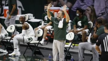 Nov 25, 2020; East Lansing, Michigan, USA; Michigan State Spartans head coach Tom Izzo raises his arms during the first half against the Eastern Michigan Eagles at Jack Breslin Student Events Center. Mandatory Credit: Raj Mehta-USA TODAY Sports