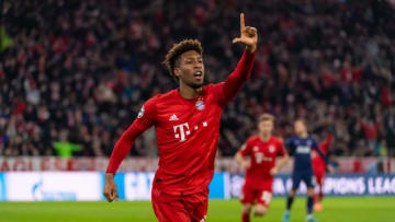 MUNICH, GERMANY - DECEMBER 11: (BILD ZEITUNG OUT) Kingsley Coman of FC Bayern Muenchen celebrates after scoring his team's first goal during the UEFA Champions League group B match between Bayern Muenchen and Tottenham Hotspur at Allianz Arena on December 11, 2019 in Munich, Germany. (Photo by TF-Images/Getty Images)