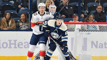COLUMBUS, OH - NOVEMBER 15: Jared McCann #90 of the Florida Panthers and Markus Nutivaara #65 of the Columbus Blue Jackets battle for position on November 15, 2018 at Nationwide Arena in Columbus, Ohio. (Photo by Jamie Sabau/NHLI via Getty Images)
