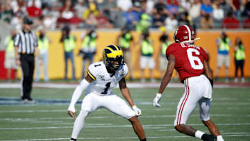 ORLANDO, FL - JANUARY 01: Ambry Thomas #1 of the Michigan Wolverines in action on defense during the Vrbo Citrus Bowl against the Alabama Crimson Tide at Camping World Stadium on January 1, 2020 in Orlando, Florida. Alabama defeated Michigan 35-16. (Photo by Joe Robbins/Getty Images)
