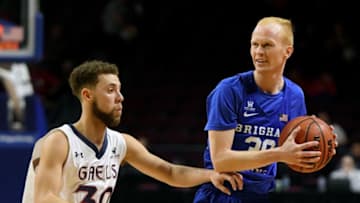 LAS VEGAS, NV - MARCH 05: Jordan Ford #30 of the Saint Mary's Gaels guards TJ Haws #30 of the Brigham Young Cougars during a semifinal game of the West Coast Conference basketball tournament at the Orleans Arena on March 5, 2018 in Las Vegas, Nevada. The Cougars won 85-72. (Photo by Ethan Miller/Getty Images)