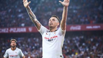 SEVILLE, SPAIN - OCTOBER 27: Lucas Ocampos of Sevilla FC celebrates scoring his team's seond goal during the Liga match between Sevilla FC and Getafe CF at Estadio Ramon Sanchez Pizjuan on October 27, 2019 in Seville, Spain. (Photo by Quality Sport Images/Getty Images)