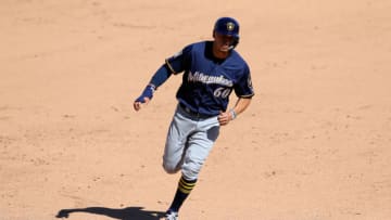 MESA, AZ - FEBRUARY 23: Tyrone Taylor #60 of the Milwaukee Brewers runs to third base during a Spring Training against the Chicago Cubs on Saturday, February 23, 2019 at Sloan Park in Mesa, Arizona. (Photo by Alex Trautwig/MLB via Getty Images)