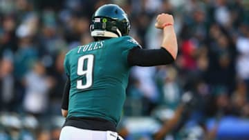 PHILADELPHIA, PA - DECEMBER 23: Quarterback Nick Foles #9 of the Philadelphia Eagles celebrates after throwing a touchdown pass to wide receiver Nelson Agholor #13 (not pictured) against the Houston Texans during the third quarter at Lincoln Financial Field on December 23, 2018 in Philadelphia, Pennsylvania. (Photo by Mitchell Leff/Getty Images)