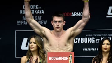 LAS VEGAS, NV - MARCH 02: Alexander Hernandez poses on the scale during a UFC 222 weigh-in on March 2, 2018 in Las Vegas, Nevada. (Photo by Jeff Bottari/Zuffa LLC/Zuffa LLC via Getty Images)
