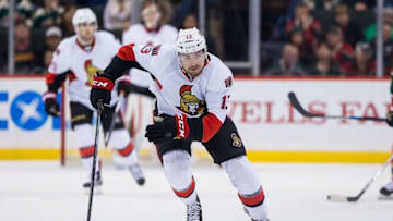 Mar 31, 2016; Saint Paul, MN, USA; Ottawa Senators forward Nick Paul (13) skates after the puck in the first period against the Minnesota Wild at Xcel Energy Center. the Ottawa Senators beat the Minnesota Wild 3-2. Mandatory Credit: Brad Rempel-USA TODAY Sports