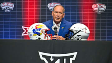 Jul 12, 2023; Arlington, TX, USA; Kansas Jayhawks head coach Lance Leipold is interviewed during Big 12 football media day at AT&T Stadium. Mandatory Credit: Jerome Miron-USA TODAY Sports