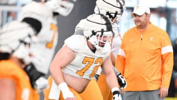 Tennessee head coach Josh Heupel watches during Tennessee football spring practice at University of Tennessee, Thursday, March 24, 2022.Volspractice0324 0901