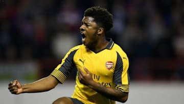 NOTTINGHAM, ENGLAND - SEPTEMBER 20: Chuba Akpom of Arsenal celebrates after winning a penalty which lead to his sides second goal during the EFL Cup Third Round match between Nottingham Forest and Arsenal at City Ground on September 20, 2016 in Nottingham, England. (Photo by Shaun Botterill/Getty Images)
