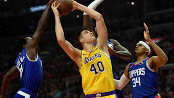 LOS ANGELES, CA - JANUARY 31: The Lakers' Ivica Zubac #40 shoots as Clippers' Patrick Beverley #21 and Tobias Harris #34 defend during their game at the Staples Center in Los Angeles, Thursday, Jan 31, 2019. (Photo by Hans Gutknecht/MediaNews Group/Los Angeles Daily News via Getty Images)