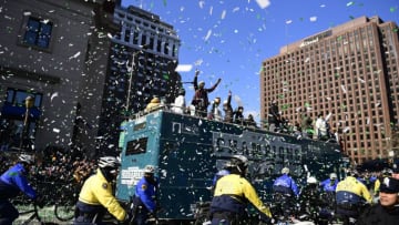 PHILADELPHIA, PA - FEBRUARY 08: Philadelphia Eagles players riding a bus relish the celebration during festivities on February 8, 2018 in Philadelphia, Pennsylvania. The city celebrated the Philadelphia Eagles' Super Bowl LII championship with a victory parade. (Photo by Corey Perrine/Getty Images)