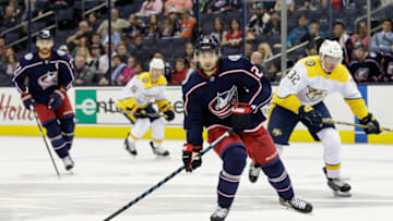 COLUMBUS, OH - SEPTEMBER 24: Columbus Blue Jackets right wing Oliver Bjorkstrand (28) prepares to take a shot on goal in the first period of a Preseason game between the Columbus Blue Jackets and the Nashville Predators on September 24, 2017, at Nationwide Arena in Columbus, OH. (Photo by Adam Lacy/Icon Sportswire via Getty Images)