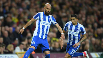 NORWICH, ENGLAND - APRIL 21: Bruno of Brighton in action during the Sky Bet Championship match between Norwich City and Brighton