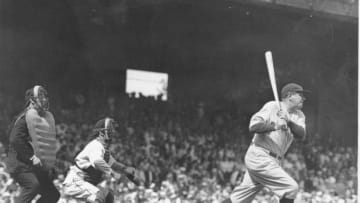 CLEVELAND, OH - MAY 20, 1934: Babe Ruth lines a single to right field at League Park. The Yankees lost to the Indians 8-5. Ruth singled twice and struck out twice in a losing effort. (Photo by Louis Van Oeyen/Western Reserve Historical Society/Getty Images).