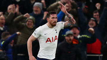 Tottenham Hotspur's Danish midfielder Pierre-Emile Hojbjerg celebrates after scoring their first goal during the English Premier League football match between Tottenham Hotspur and Leeds United at Tottenham Hotspur Stadium in London, on November 21, 2021. - - RESTRICTED TO EDITORIAL USE. No use with unauthorized audio, video, data, fixture lists, club/league logos or 'live' services. Online in-match use limited to 120 images. An additional 40 images may be used in extra time. No video emulation. Social media in-match use limited to 120 images. An additional 40 images may be used in extra time. No use in betting publications, games or single club/league/player publications. (Photo by Adrian DENNIS / AFP) / RESTRICTED TO EDITORIAL USE. No use with unauthorized audio, video, data, fixture lists, club/league logos or 'live' services. Online in-match use limited to 120 images. An additional 40 images may be used in extra time. No video emulation. Social media in-match use limited to 120 images. An additional 40 images may be used in extra time. No use in betting publications, games or single club/league/player publications. / RESTRICTED TO EDITORIAL USE. No use with unauthorized audio, video, data, fixture lists, club/league logos or 'live' services. Online in-match use limited to 120 images. An additional 40 images may be used in extra time. No video emulation. Social media in-match use limited to 120 images. An additional 40 images may be used in extra time. No use in betting publications, games or single club/league/player publications. (Photo by ADRIAN DENNIS/AFP via Getty Images)