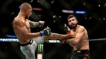 LOS ANGELES, CA - AUGUST 04: Sheymon Moraes kicks Matt Sayles in the second round of the featherweight bout during UFC 227 at Staples Center on August 4, 2018 in Los Angeles, United States. (Photo by Joe Scarnici/Getty Images)