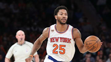 Oct 29, 2016; New York, NY, USA; New York Knicks guard Derrick Rose (25) dribbles the ball during the third quarter against the Memphis Grizzlies at Madison Square Garden. New York Knicks won 111-104. Mandatory Credit: Anthony Gruppuso-USA TODAY Sports